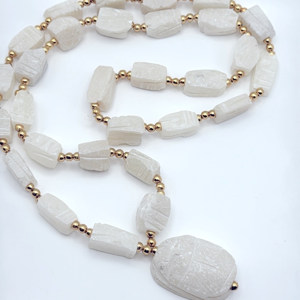 Vintage Soapstone Scarab Pendant Necklace Gold Tone